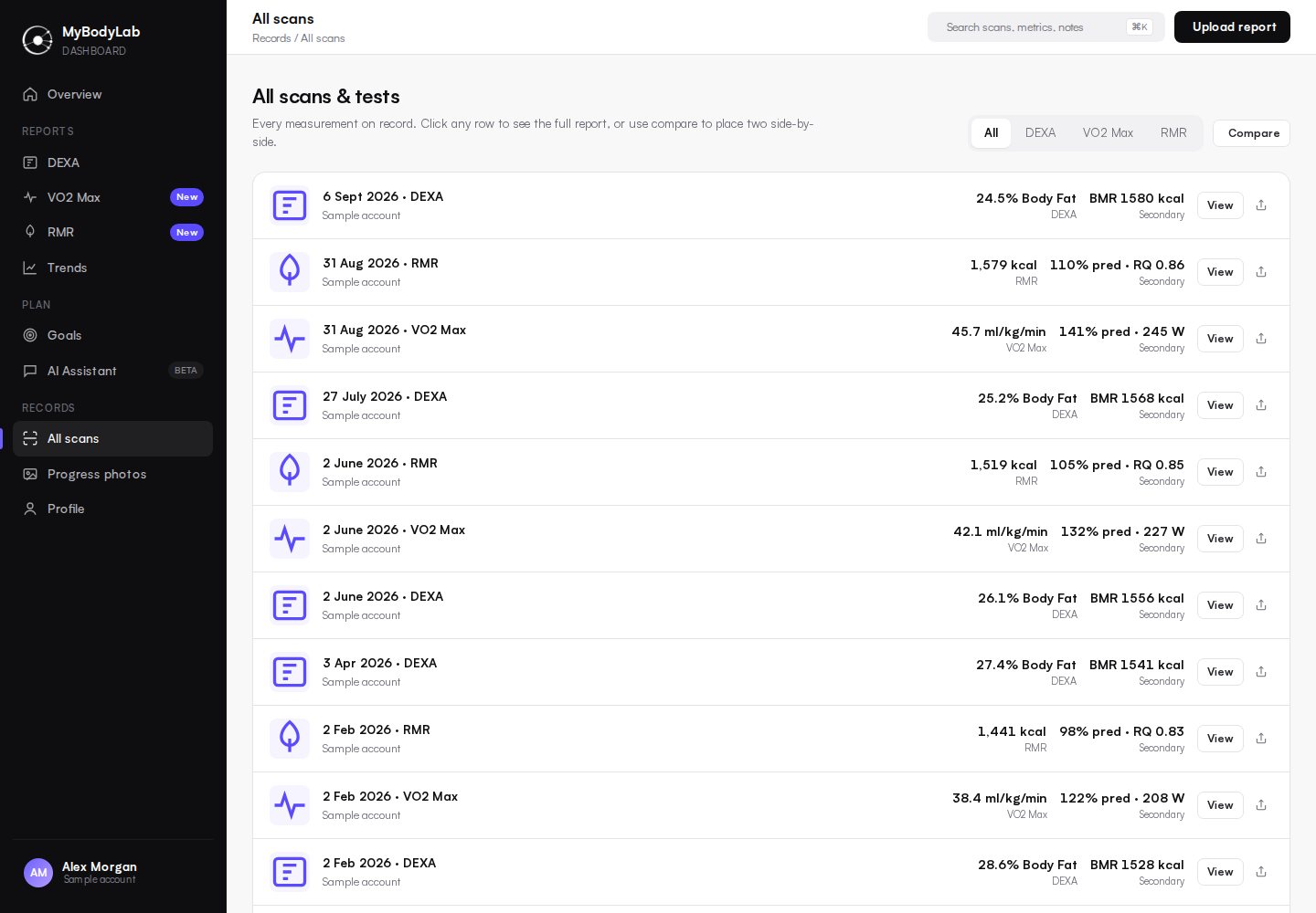 MyBodyLab All scans screen listing DEXA, VO2 Max and RMR reports with dates